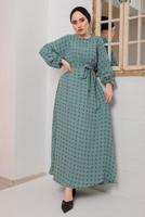 Tesettür giyim YEŞİL BELİ KUŞAKLI PUANTİYELİ ELBİSE 9042 