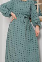 Tesettür giyim YEŞİL BELİ KUŞAKLI PUANTİYELİ ELBİSE 9042 