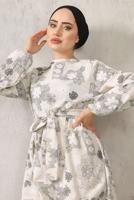 Tesettür giyim GRİ ÇİÇEK BASKILI KUŞAKLI ELBİSE 9152  