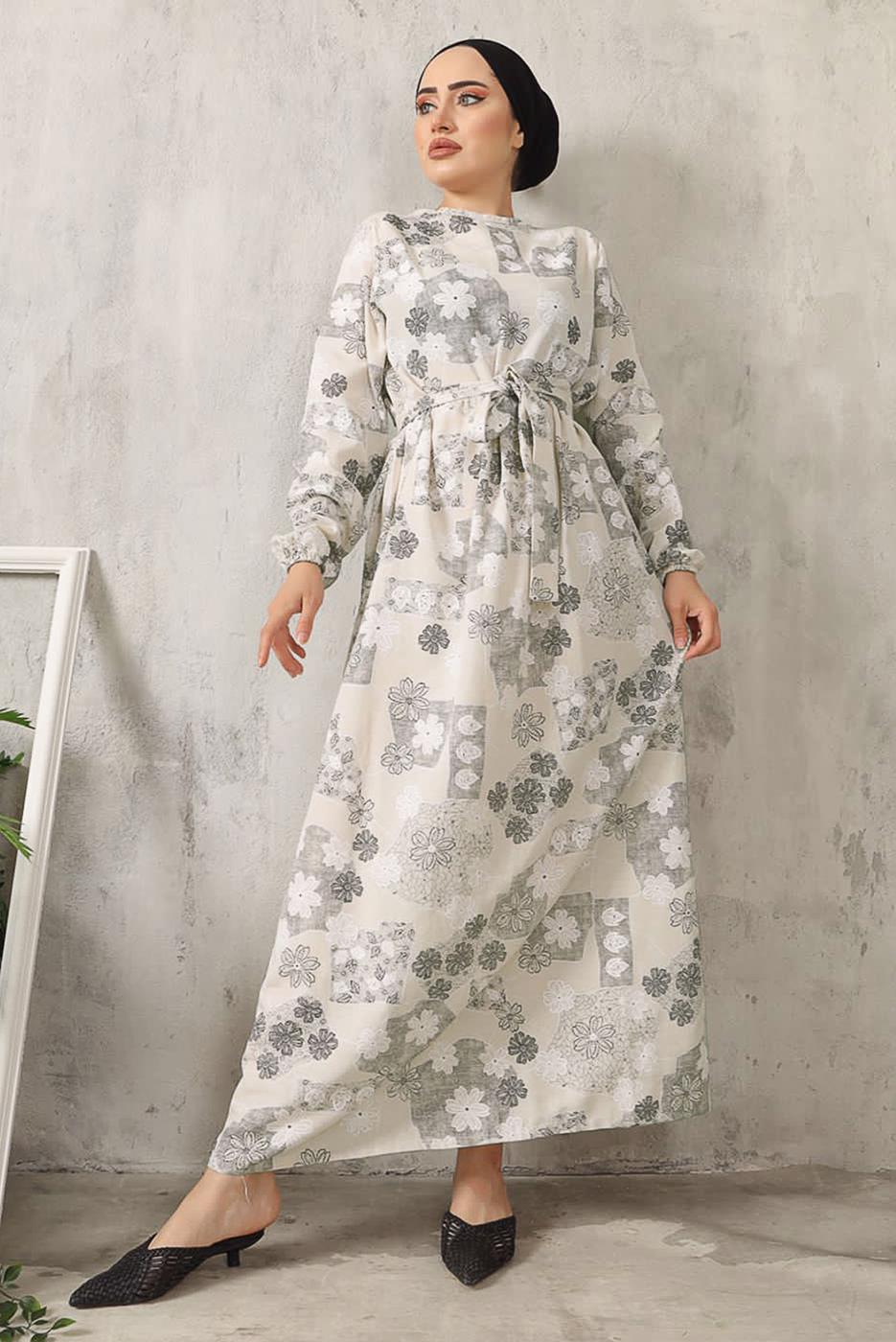 Tesettür giyim GRİ ÇİÇEK BASKILI KUŞAKLI ELBİSE 9152  