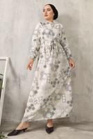 Tesettür giyim GRİ ÇİÇEK BASKILI KUŞAKLI ELBİSE 9152  