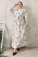 Tesettür giyim GRİ ÇİÇEK BASKILI KUŞAKLI ELBİSE 9152  