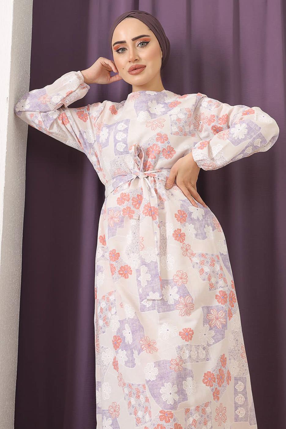 Tesettür giyim MOR ÇİÇEK BASKILI KUŞAKLI ELBİSE 9152  