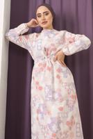 Tesettür giyim MOR ÇİÇEK BASKILI KUŞAKLI ELBİSE 9152  