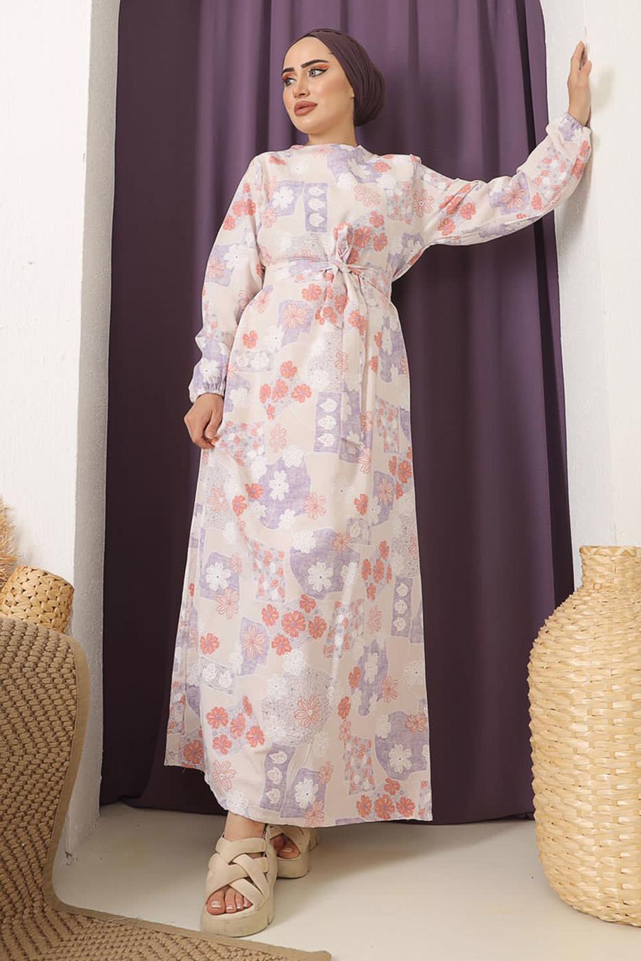 Tesettür giyim MOR ÇİÇEK BASKILI KUŞAKLI ELBİSE 9152  
