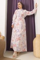 Tesettür giyim MOR ÇİÇEK BASKILI KUŞAKLI ELBİSE 9152  