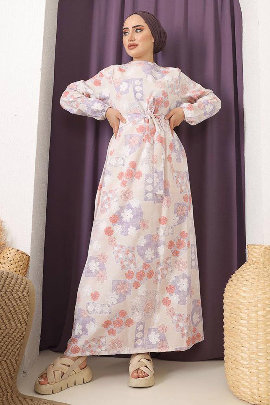 Tesettür giyim MOR ÇİÇEK BASKILI KUŞAKLI ELBİSE 9152  