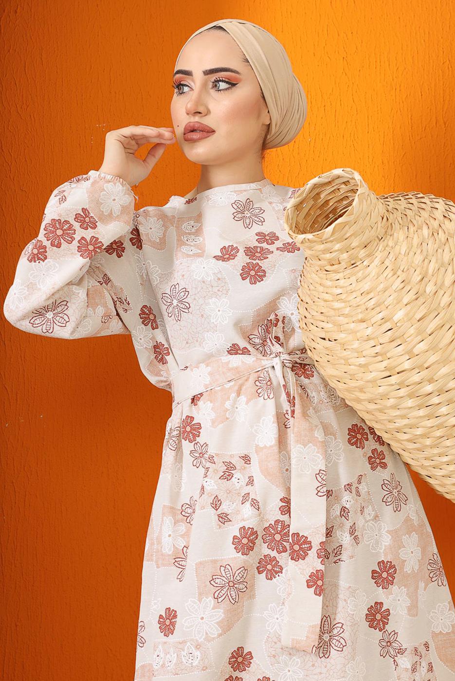 Tesettür giyim KAHVE ÇİÇEK BASKILI KUŞAKLI ELBİSE 9152  