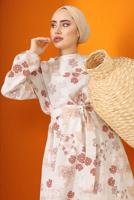 Tesettür giyim KAHVE ÇİÇEK BASKILI KUŞAKLI ELBİSE 9152  