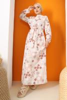 Tesettür giyim KAHVE ÇİÇEK BASKILI KUŞAKLI ELBİSE 9152  