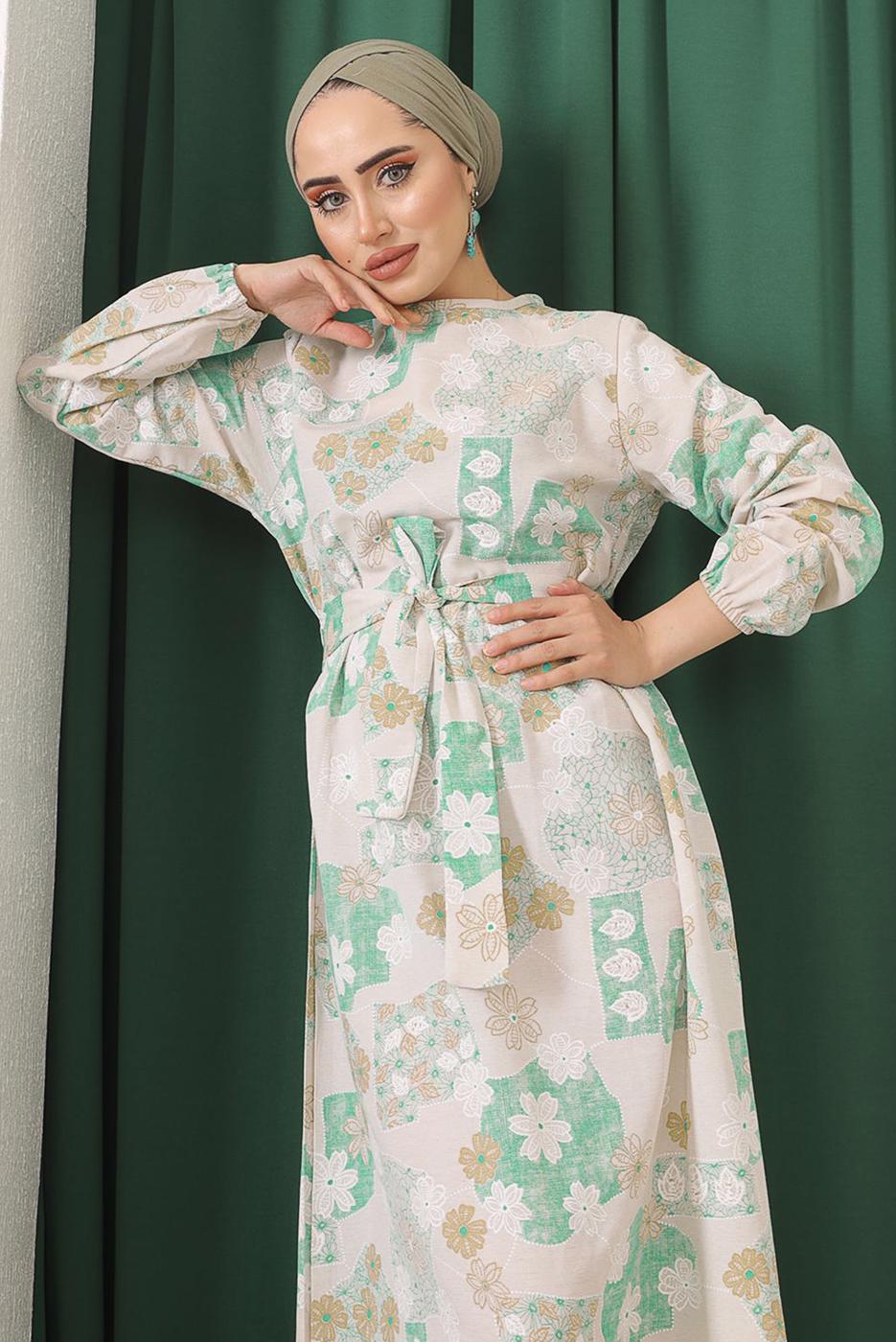 Tesettür giyim YEŞİL ÇİÇEK BASKILI KUŞAKLI ELBİSE 9152  