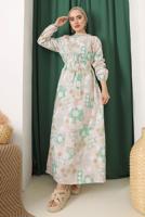 Tesettür giyim YEŞİL ÇİÇEK BASKILI KUŞAKLI ELBİSE 9152  