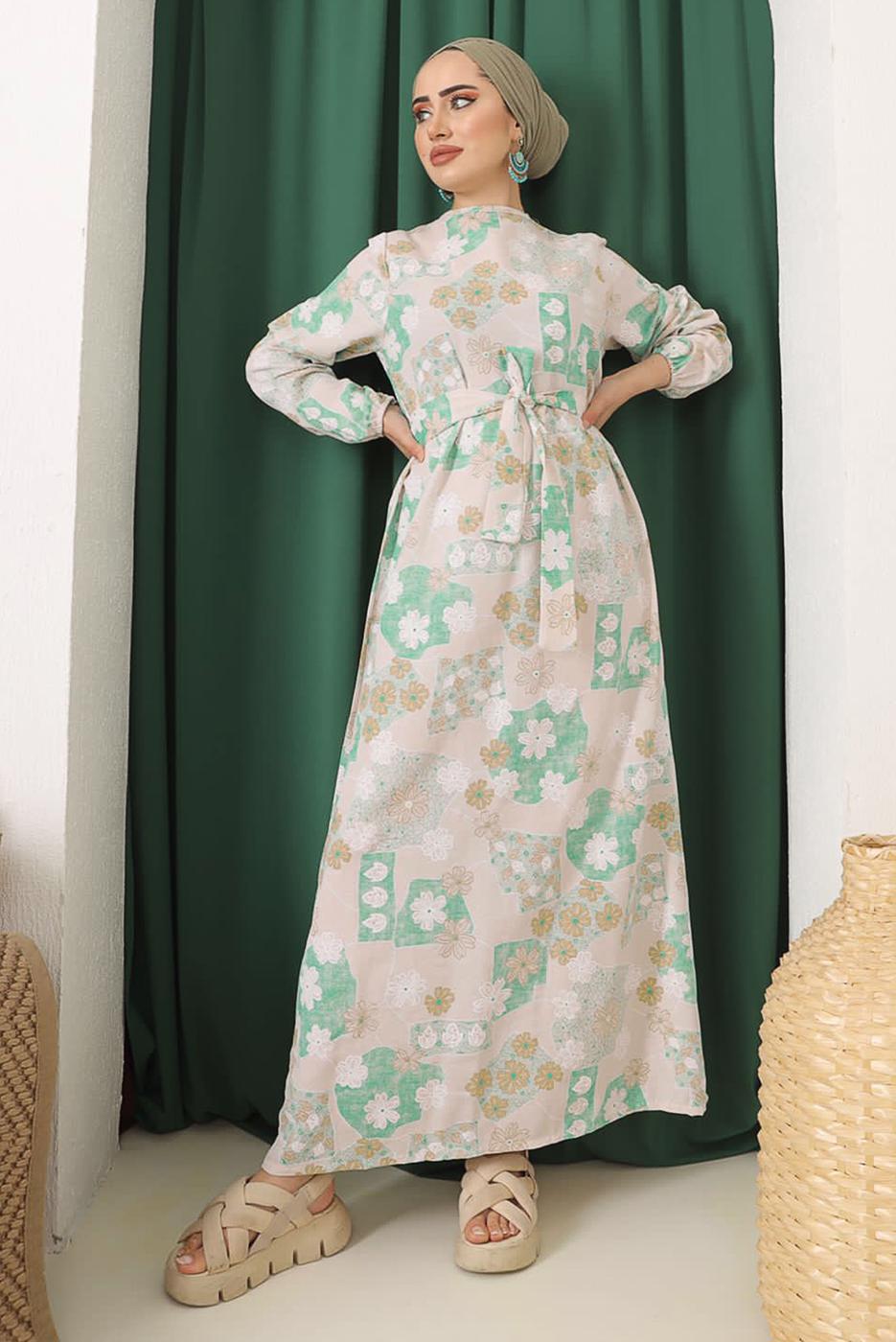 Tesettür giyim YEŞİL ÇİÇEK BASKILI KUŞAKLI ELBİSE 9152  