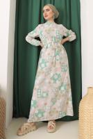 Tesettür giyim YEŞİL ÇİÇEK BASKILI KUŞAKLI ELBİSE 9152  