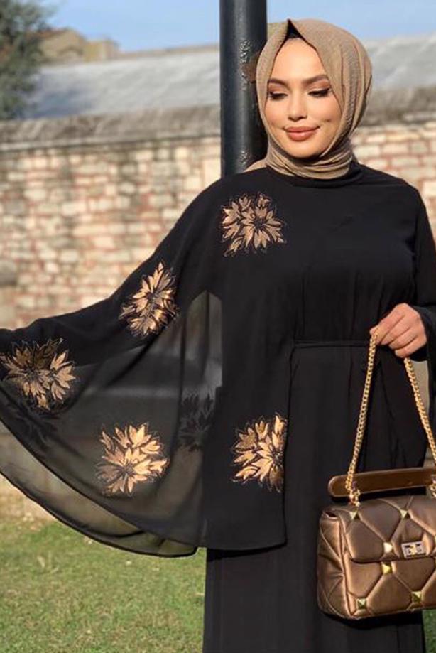 Tesettür giyim DESENLİ YARASA KOL ELBİSE T 9353 - TRENDTESETTÜR