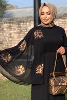 Tesettür giyim SİYAH DESENLİ YARASA KOL ELBİSE T 9353