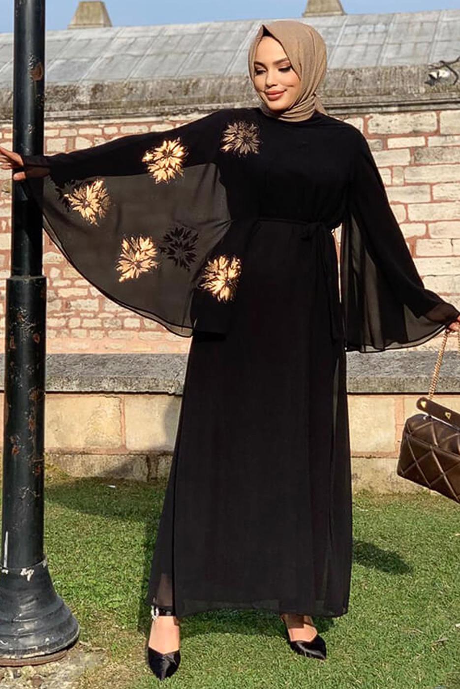 Tesettür giyim SİYAH DESENLİ YARASA KOL ELBİSE T 9353