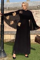 Tesettür giyim SİYAH DESENLİ YARASA KOL ELBİSE T 9353