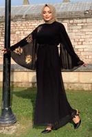 Tesettür giyim SİYAH DESENLİ YARASA KOL ELBİSE T 9353