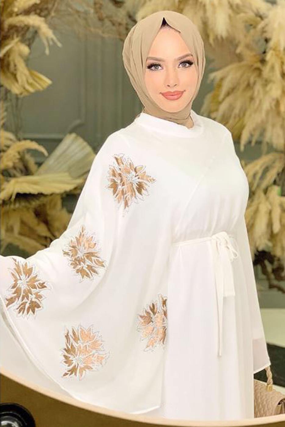 Tesettür giyim KREM DESENLİ YARASA KOL ELBİSE T 9353