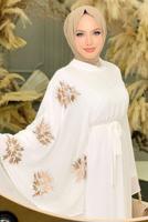 Tesettür giyim KREM DESENLİ YARASA KOL ELBİSE T 9353