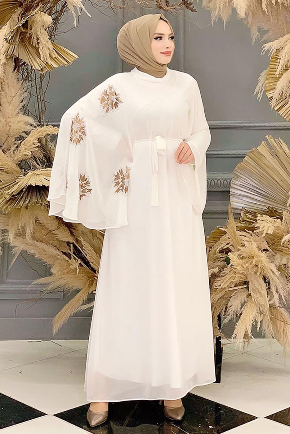 Tesettür giyim KREM DESENLİ YARASA KOL ELBİSE T 9353