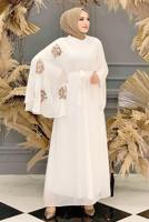 Tesettür giyim KREM DESENLİ YARASA KOL ELBİSE T 9353