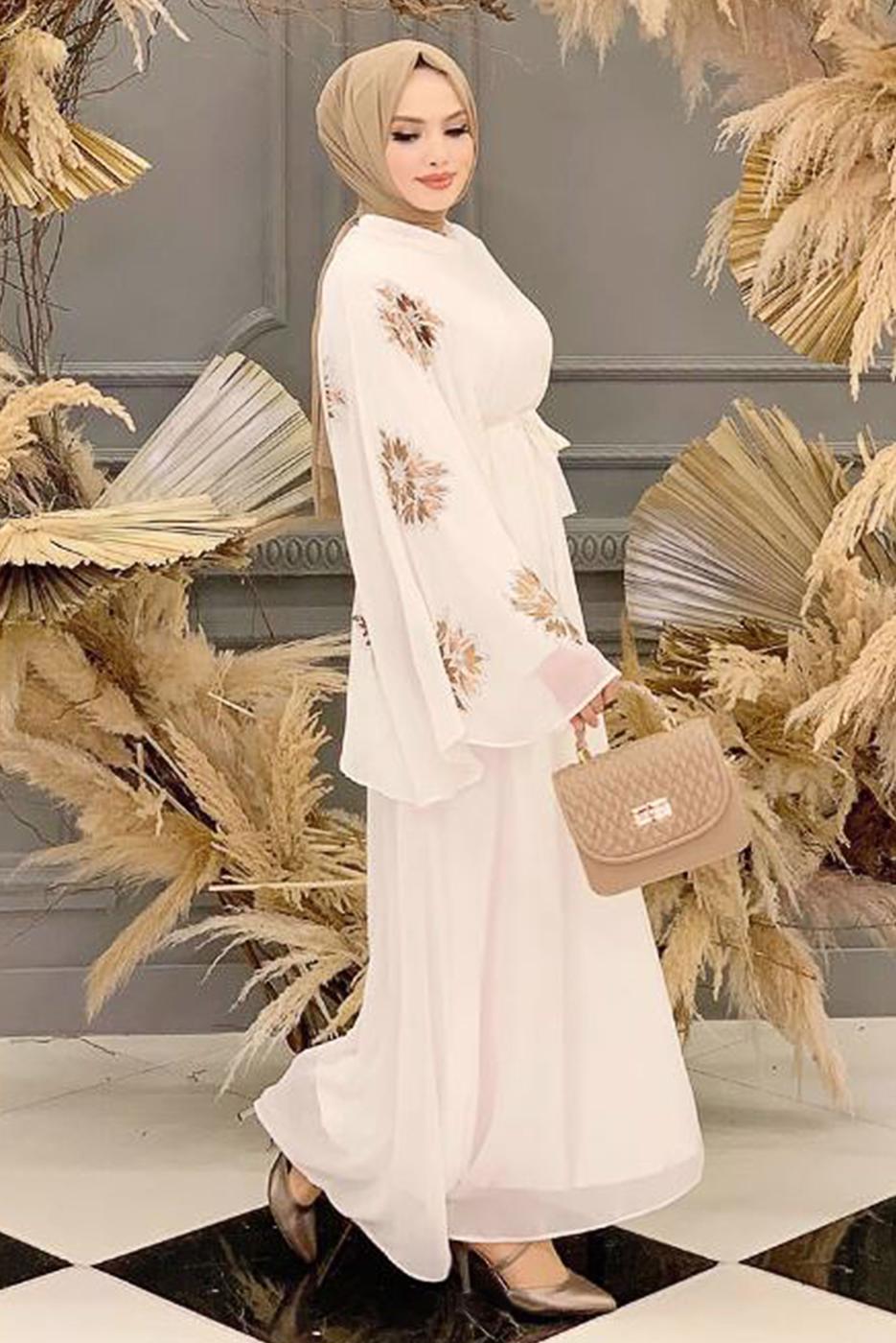 Tesettür giyim KREM DESENLİ YARASA KOL ELBİSE T 9353