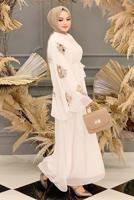 Tesettür giyim KREM DESENLİ YARASA KOL ELBİSE T 9353