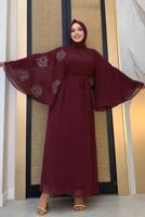 Tesettür giyim BORDO DESENLİ YARASA KOL ELBİSE T 9353