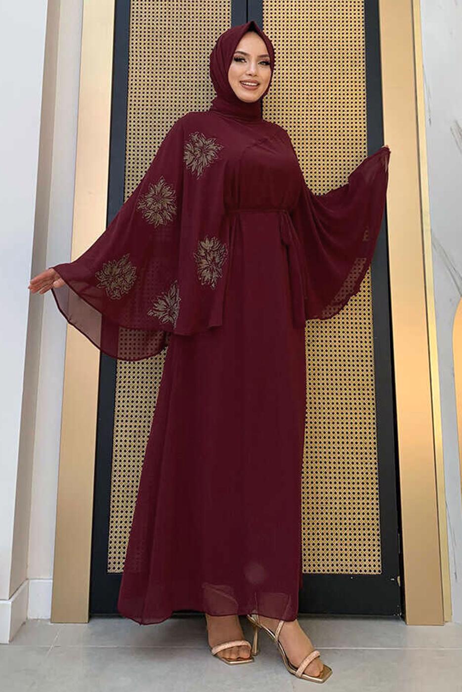 Tesettür giyim BORDO DESENLİ YARASA KOL ELBİSE T 9353