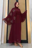 Tesettür giyim BORDO DESENLİ YARASA KOL ELBİSE T 9353