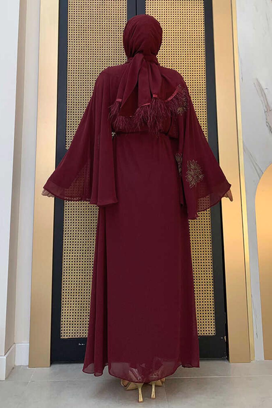 Tesettür giyim BORDO DESENLİ YARASA KOL ELBİSE T 9353