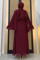 Tesettür giyim BORDO DESENLİ YARASA KOL ELBİSE T 9353