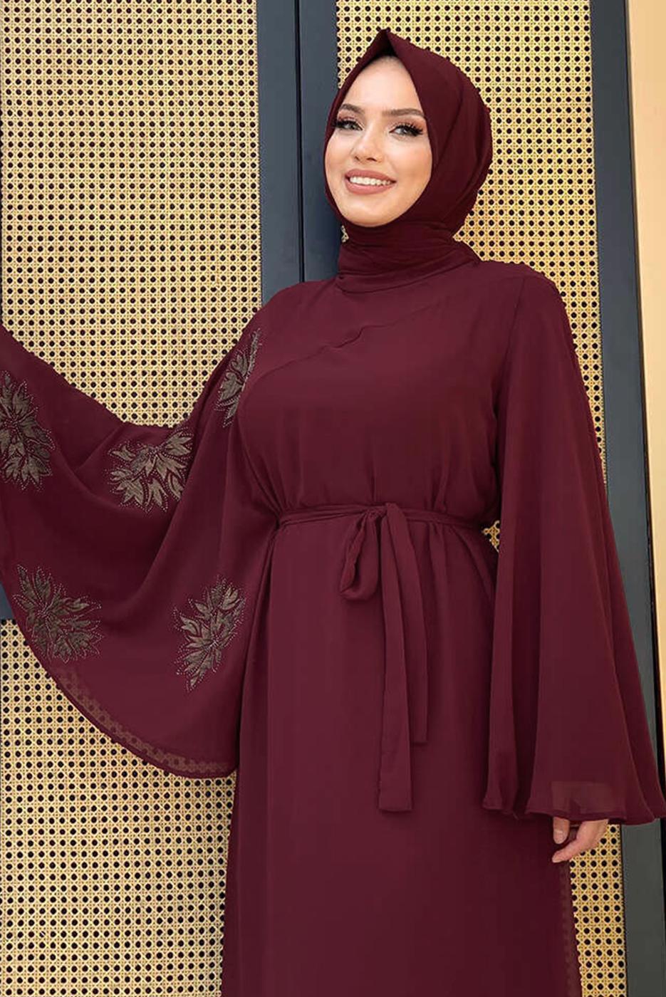 Tesettür giyim BORDO DESENLİ YARASA KOL ELBİSE T 9353