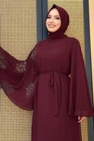 Tesettür giyim BORDO DESENLİ YARASA KOL ELBİSE T 9353