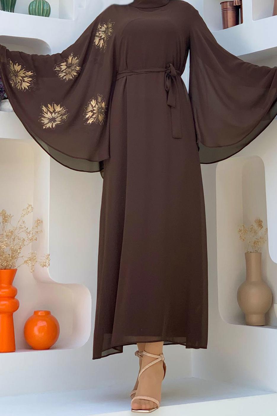 Tesettür giyim KAHVE DESENLİ YARASA KOL ELBİSE T 9353