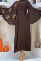 Tesettür giyim KAHVE DESENLİ YARASA KOL ELBİSE T 9353