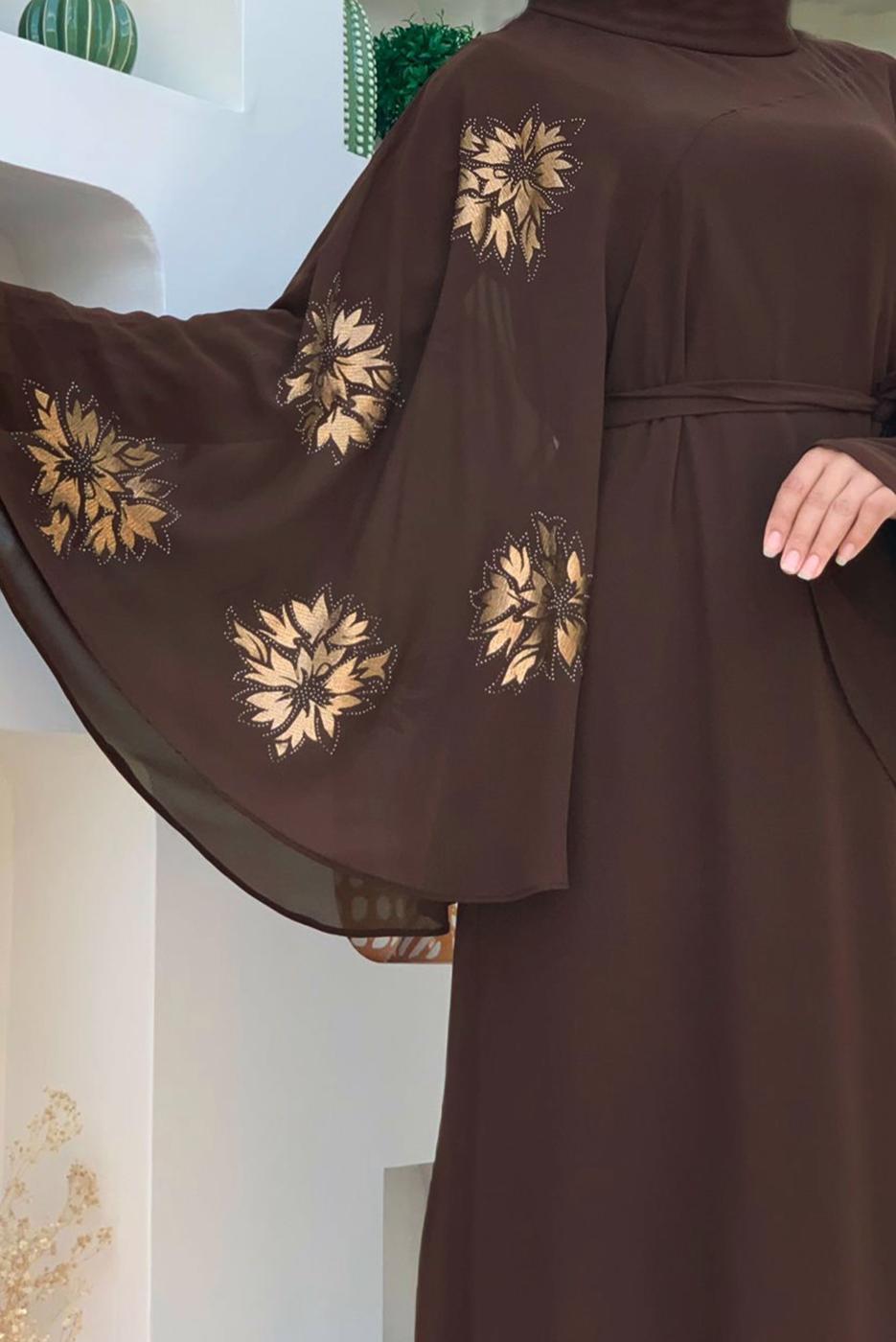 Tesettür giyim KAHVE DESENLİ YARASA KOL ELBİSE T 9353