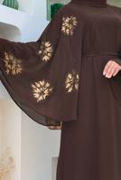Tesettür giyim KAHVE DESENLİ YARASA KOL ELBİSE T 9353