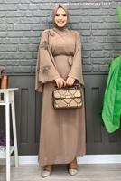 Tesettür giyim VİZON DESENLİ YARASA KOL ELBİSE T 9353