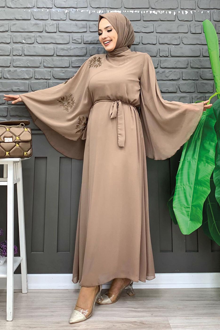 Tesettür giyim VİZON DESENLİ YARASA KOL ELBİSE T 9353