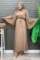 Tesettür giyim VİZON DESENLİ YARASA KOL ELBİSE T 9353