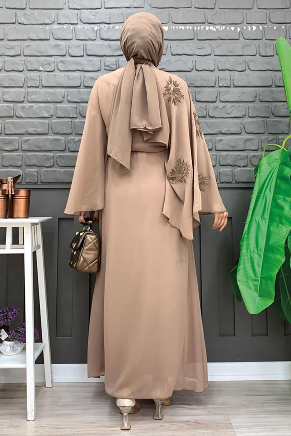 Tesettür giyim VİZON DESENLİ YARASA KOL ELBİSE T 9353