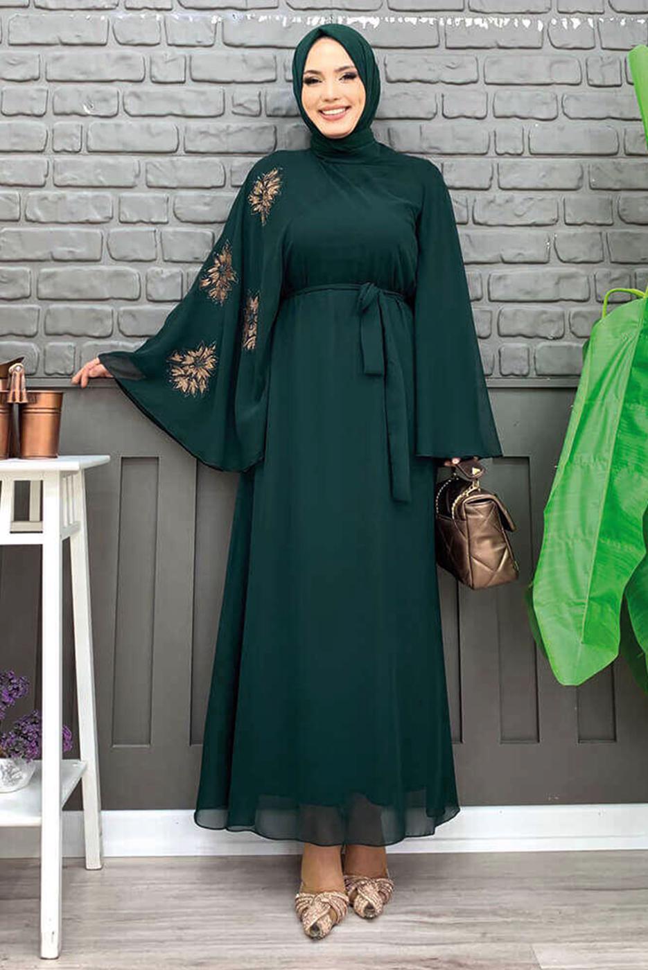 Tesettür giyim YEŞİL DESENLİ YARASA KOL ELBİSE T 9353