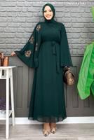 Tesettür giyim YEŞİL DESENLİ YARASA KOL ELBİSE T 9353