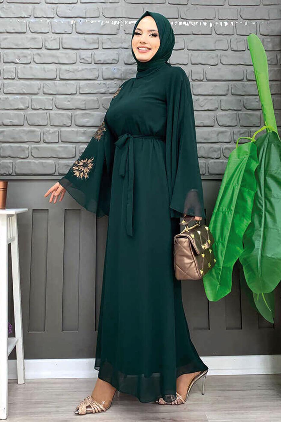 Tesettür giyim YEŞİL DESENLİ YARASA KOL ELBİSE T 9353