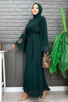Tesettür giyim YEŞİL DESENLİ YARASA KOL ELBİSE T 9353