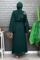 Tesettür giyim YEŞİL DESENLİ YARASA KOL ELBİSE T 9353