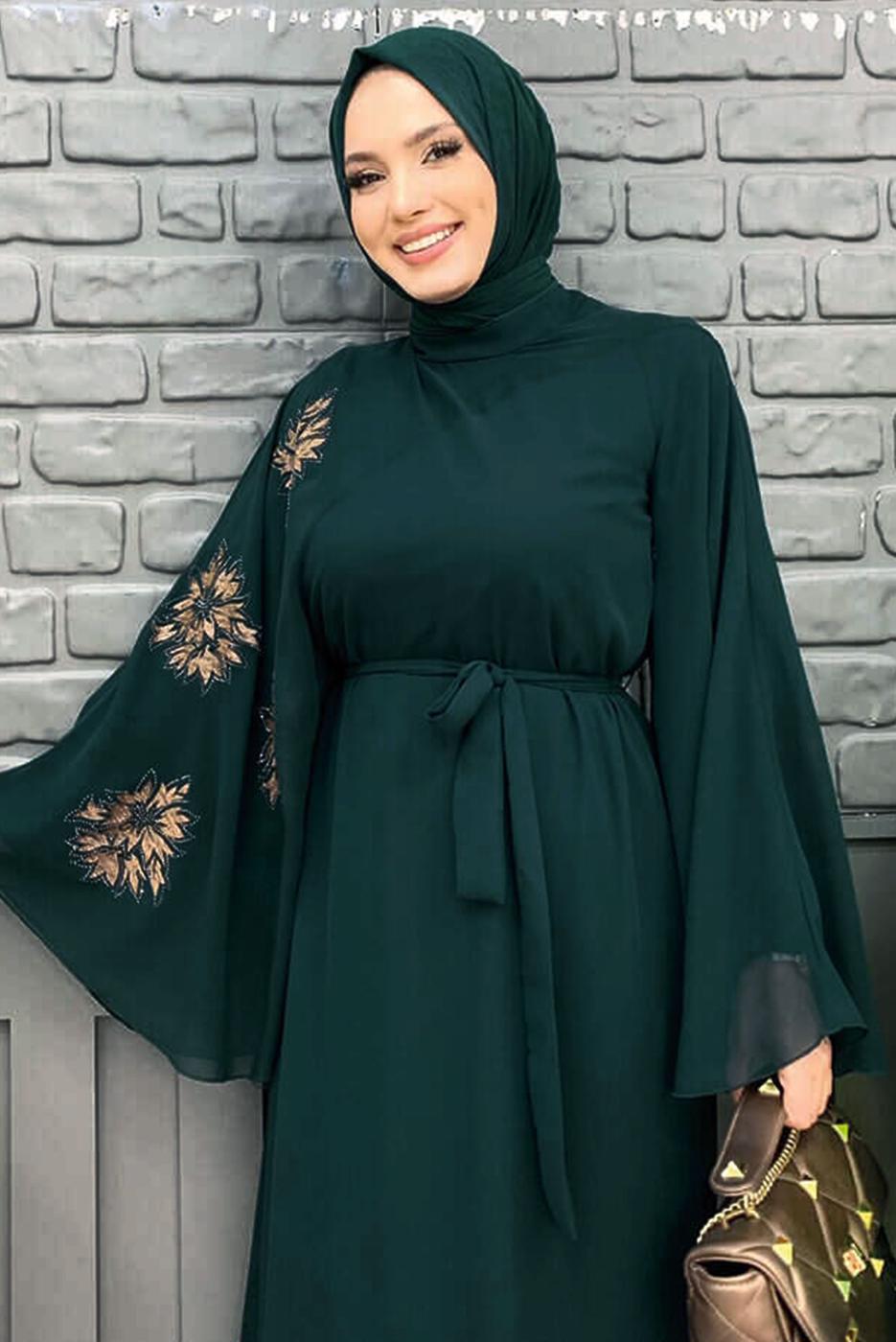 Tesettür giyim YEŞİL DESENLİ YARASA KOL ELBİSE T 9353